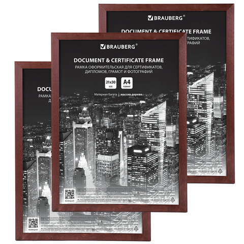 Рамка 21×30 см небьющаяся, КОМПЛЕКТ 3 шт., багет 14 мм дерево, BRAUBERG «Elegant», цвет венге
