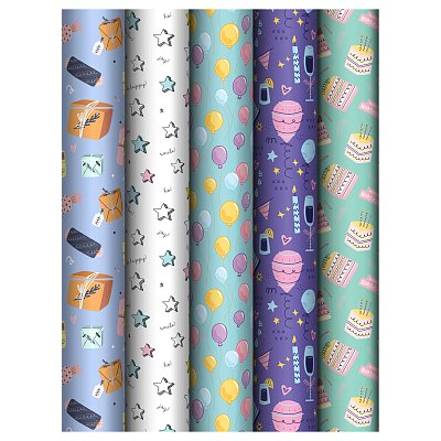 Упаковочная бумага глянц. 70×100см, MESHU «Birthday mood», 80 г/м2, ассорти, 5 дизайнов