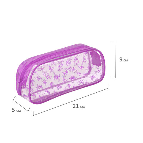Пенал-косметичка BRAUBERG LUCENT на молнии, прозрачный, «Butterfly», 21×5х9 см