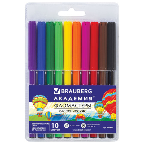 превью Фломастеры BRAUBERG «АКАДЕМИЯ», 10 цветов, вентилируемый колпачок, ПВХ упаковка