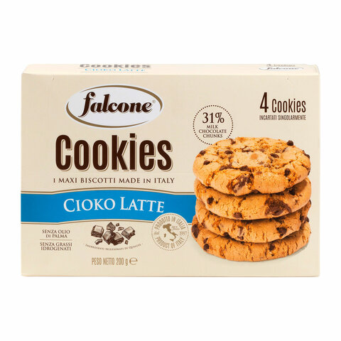 Печенье в индивидуальной упаковке сахарное FALCONE «Cookies» с молочным шоколадом, 200 г, ИТАЛИЯ