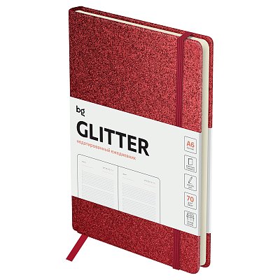 Ежедневник недатированный, А6, 136л., твердый переплет, диз. картон, BG «Glitter. Red», красный, на резинке, карман