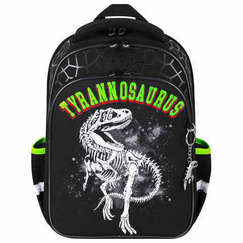 Ранец BRAUBERG QUADRO, 3 отделения, с брелком, «Tyrannosaur», светящийся рисунок, 37×28х18 см