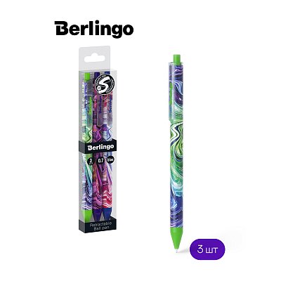 Ручка шариковая автоматическая Berlingo «Liquid Wave» синяя, 0.7мм, грип, рисунок на корпусе, 3шт., PET-бокс с ЕП