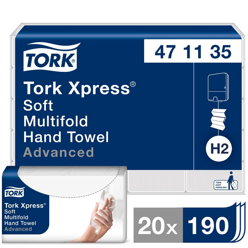 превью Полотенца бумажные листовые Tork Advanced Н2 Z-сложения 2-слойные 20 пачек по 190 листов (артикул производителя 471135)
