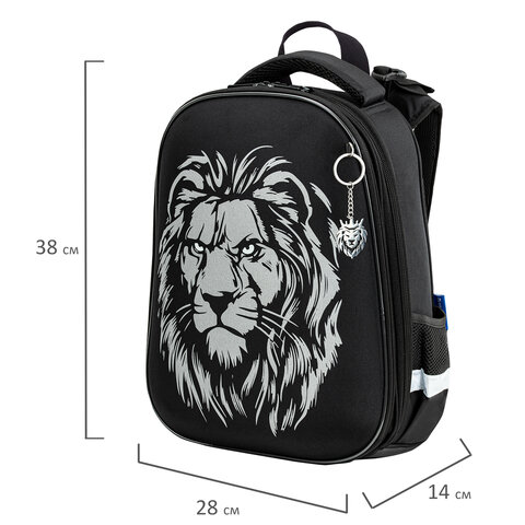 Ранец BRAUBERG SHINY, 2 отделения, с брелком, «Savage lion», светящийся рисунок, 38×28х14 см