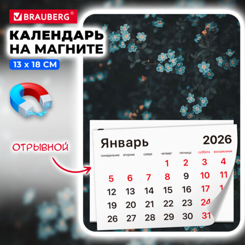 Календарь отрывной на магните на 2026 г., BRAUBERG, 130×180 мм, склейка, «Цветы»