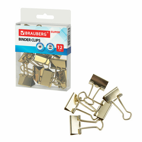 Зажимы для бумаг BRAUBERG EXTRA, КОМПЛЕКТ 12 шт, 19 мм, на 60 л, золотистые, европодвес