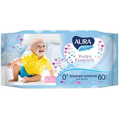 Салфетки влажные Aura «Ultra comfort», 60шт., детские, с алоэ