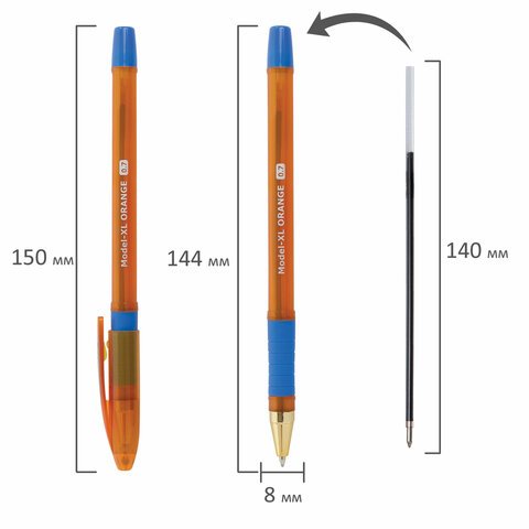Ручка шариковая масляная с грипом BRAUBERG Model-XL ORANGE, СИНЯЯ, узел 0.7 мм, линия 0.35 мм, 143246