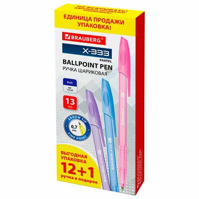 Ручка шариковая BRAUBERG «X-333 PASTEL», 12+1 В ПОДАРОК!, синяя, КОМПЛЕКТ 13 шт., узел 0.7 мм, линия письма 0.35 мм