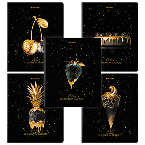 Тетради ДЭК А5 48 л. КОМПЛЕКТ 5 шт. BRAUBERGклеткаматовая ламинацияфольга«Black&Gold»404677