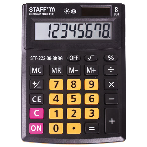 Калькулятор настольный STAFF PLUS STF-222-08-BKRG, КОМПАКТНЫЙ (138×103 мм), 8 разрядов, двойное питание, ЧЕРНО-ОРАНЖЕВЫЙ
