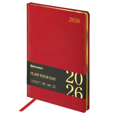 превью Ежедневник датированный 2026 БОЛЬШОЙ ФОРМАТ 210×297 мм, А4, BRAUBERG «Iguana», под кожу, красный