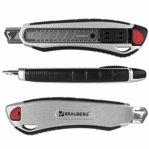 Нож канцелярский мощный 18 мм BRAUBERG «Heavy duty», автофиксатор, резиновые вставки, металл, 237158