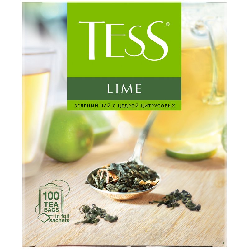 Чай Tess «Lime», зеленый с цедрой цитрусовых, 100 фольг. пакетиков по 1.5г