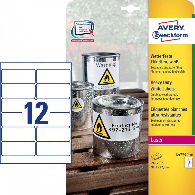 Этикетки всепогодные Avery Zweckform Z-L4776-20 (A4, 99.1×42.3мм, 12 шт. на листе, 20 листов, белые)