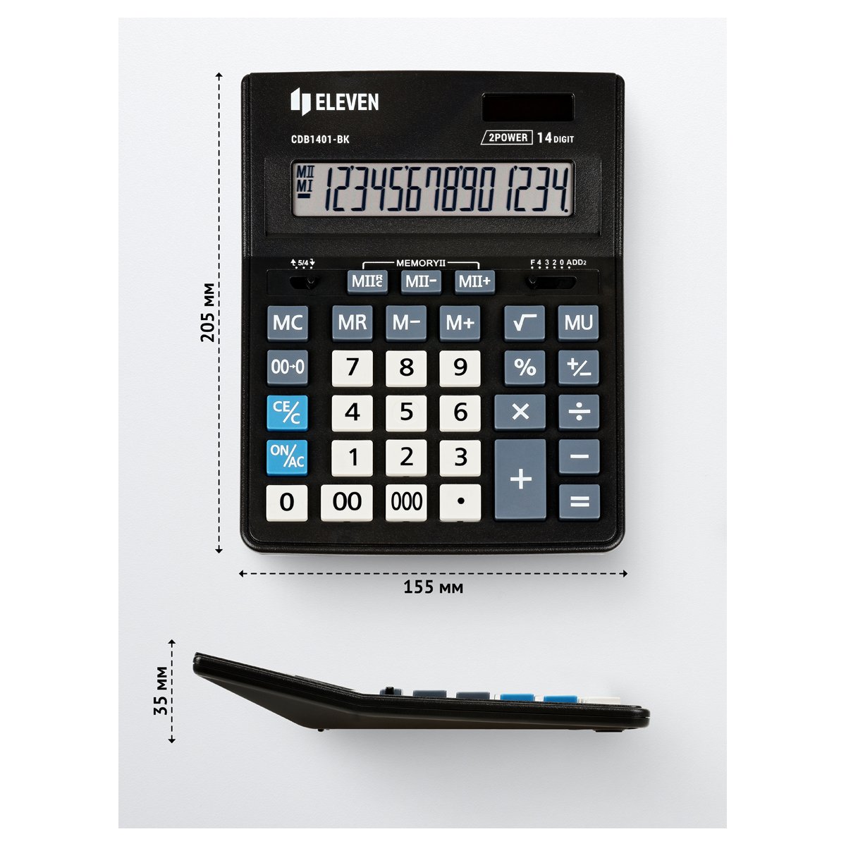 Калькулятор настольный Eleven Business Line CDB1401-BK, 14 разрядов, двойное питание, 155×205×35мм, черный