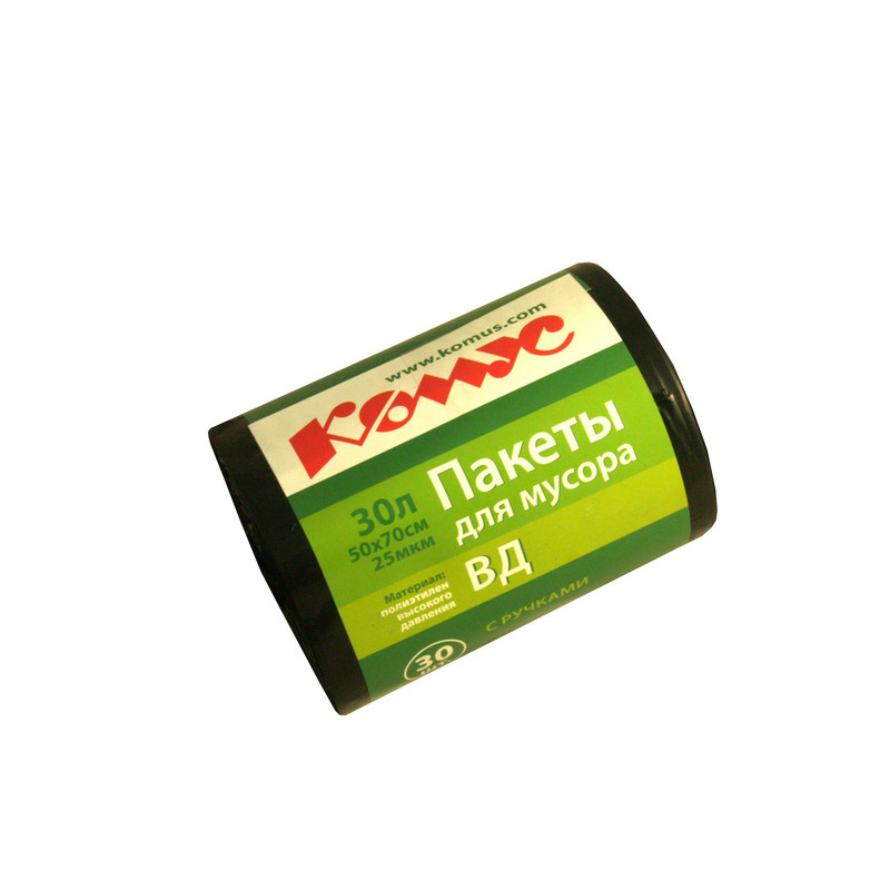 превью Мешки для мусора на 30 литров с ручками Комус черные (25 мкм, в рулоне 30 штук 50×70 см)