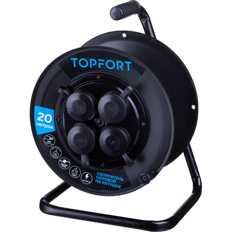 превью Удлинитель Topfort пласт. ПВС 2×0.75 кв. мм 20м 6А 4 гн. б/з., с/загл., IP44
