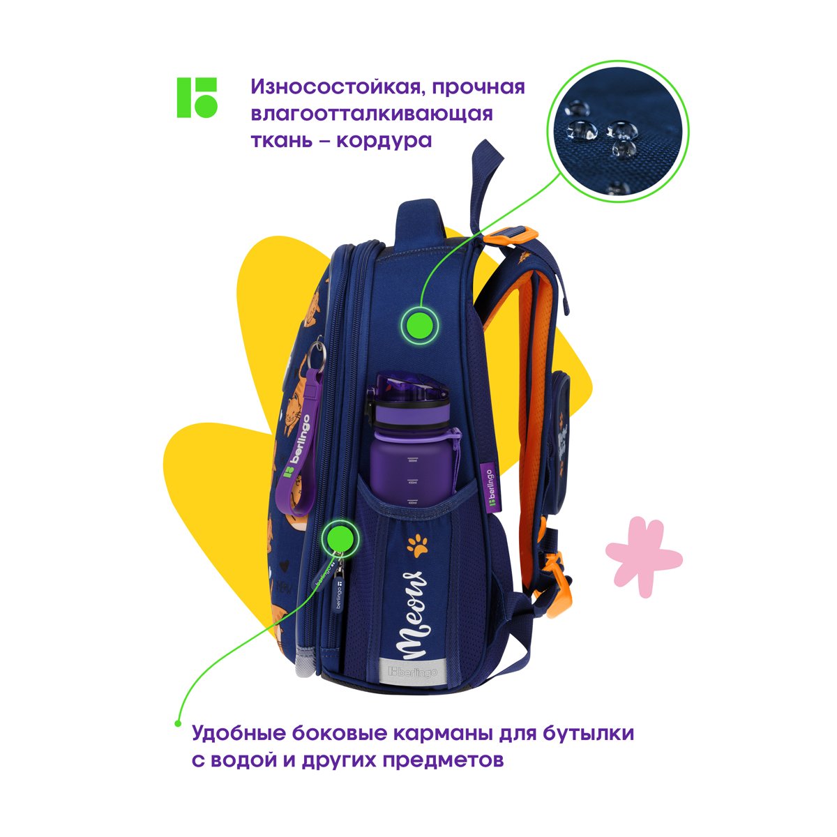 Ранец Berlingo Expert «Meow power» 37×28×16см, 2 отделения, 2 кармана, анатомическая спинка