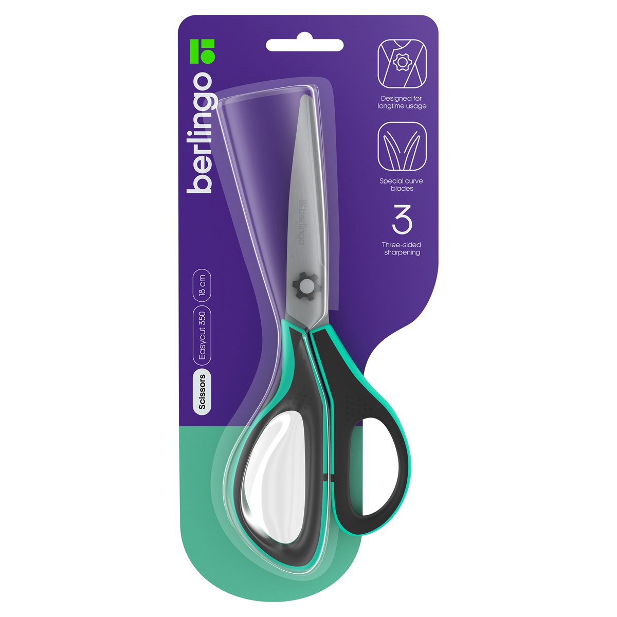 превью Ножницы Berlingo «Easycut 350», 18см, бирюзовые, эргономичные ручки, мягкие вставки, европодвес
