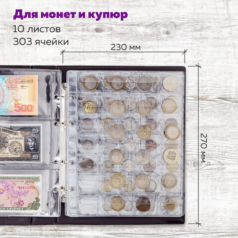 Альбом нумизмата для 297 монет и 6 бон (купюр) «OPTIMA», 230×270 мм, ПВХ, коричневый, STAFF