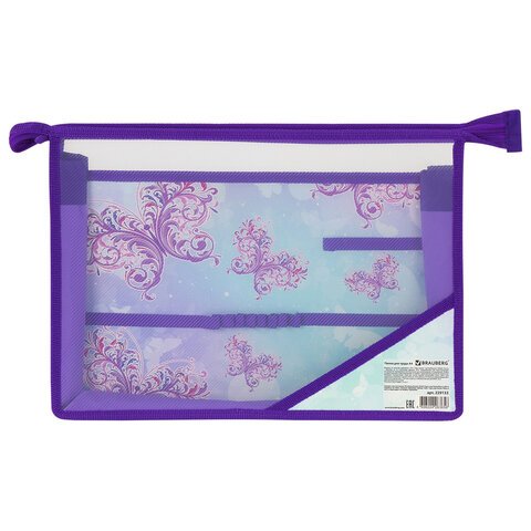 превью Папка для труда BRAUBERG А4, 2 отделения, пластик, молния сверху, органайзер, «Butterfly», 229133