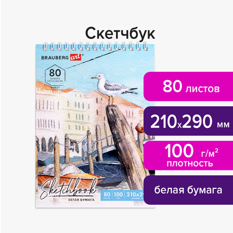 Скетчбук, белая бумага 100 г/м2 200×290 мм, 80 л., гребень, твердая обложка, BRAUBERG ART DEBUT
