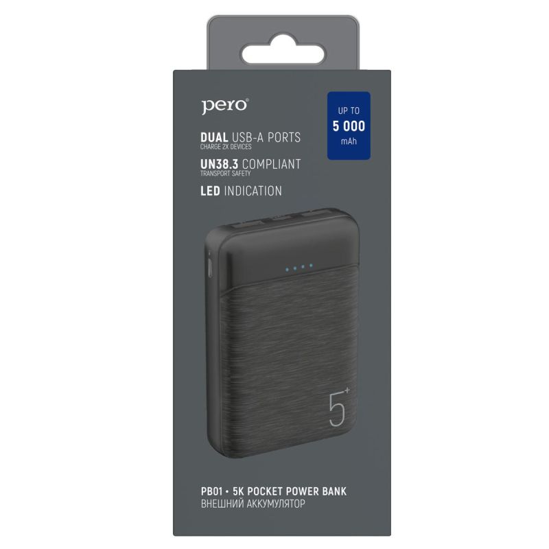 Внешний аккумулятор PERO PB01 5000 mAh, Li-Pol, output 2xUSB-A 2.1A, черный