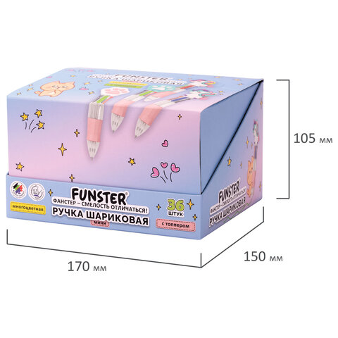 Ручка мини многоцветная с топпером шариковая автоматическая 4 ЦВЕТА FUNSTER (ФАНСТЕР) «MIX», ассорти, узел 0.7 мм, письма 0.35