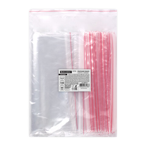 Пакеты ZIP LOCK «зиплок» ПРОЧНЫЕкомплект 100 шт.18×25 смПВД60 мкмBRAUBERG EXTRA608173