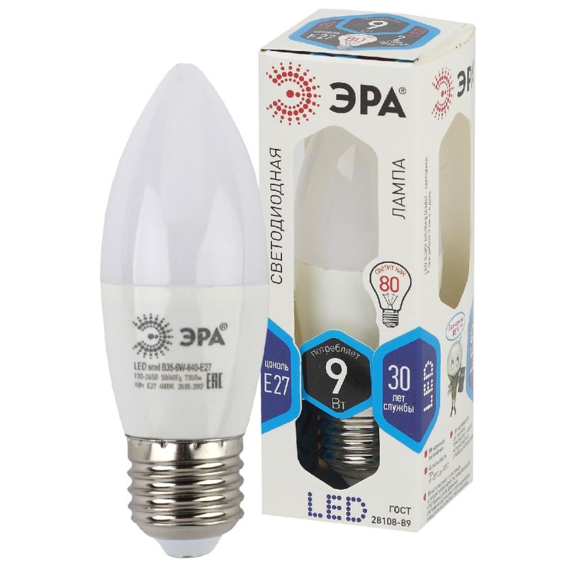 Лампа светодиодная ЭРА STD LED B35-9W-840-E27 E27 / Е27 9Вт нейтрал. свeт