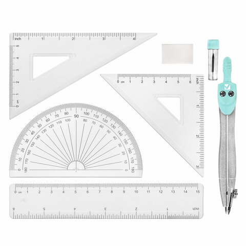 Готовальня BRAUBERG SCHOOL KIT, 8 предметов, циркуль 115 мм, чертежные принадлежности, мятный цвет
