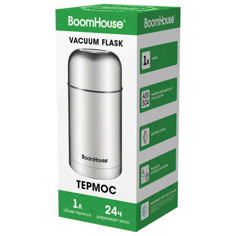 Термос 1 л для еды/напитков с широким горлом, BOOMHOUSE (БУМХАУС) WIDE, нержавеющая сталь SUS304, серебристый