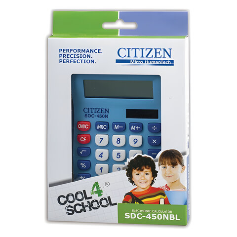 Калькулятор настольный CITIZEN SDC-450NBLCFS, КОМПАКТНЫЙ (120×87 мм), 8 разрядов, двойное питание, СИНИЙ