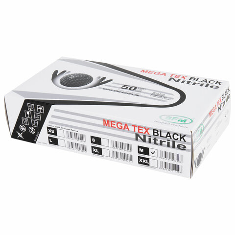 Перчатки нитриловые сверхпрочные с текстурой SFM MEGA TEX BLACK 25 пар (50 штук)размер M (средний)
