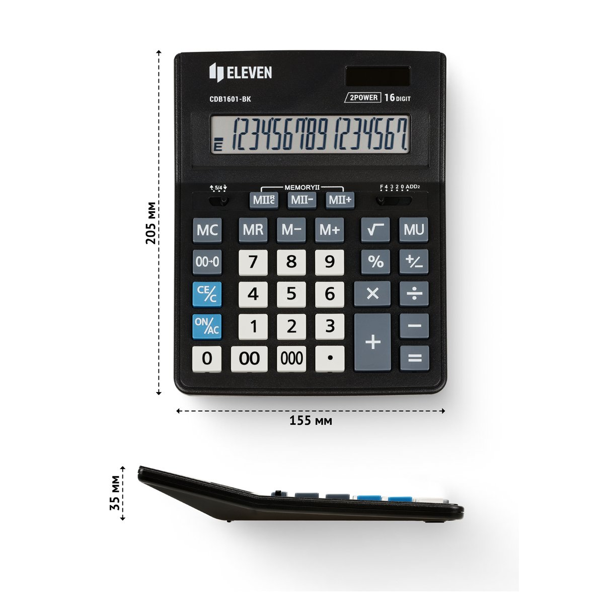 Калькулятор настольный Eleven Business Line CDB1601-BK, 16 разрядов, двойное питание, 155×205×35мм, черный