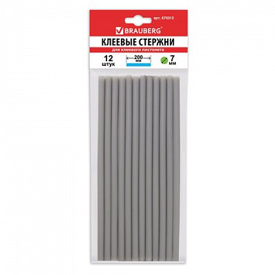 Клеевые стержни, диаметр 7 мм, длина 200 мм, серебристые, комплект 12 шт., BRAUBERG, европодвес