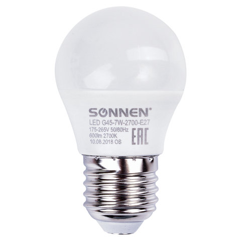 Лампа светодиодная SONNEN, 7 (60) Вт, цоколь E27, шар, теплый белый свет, LED G45-7W-2700-E27