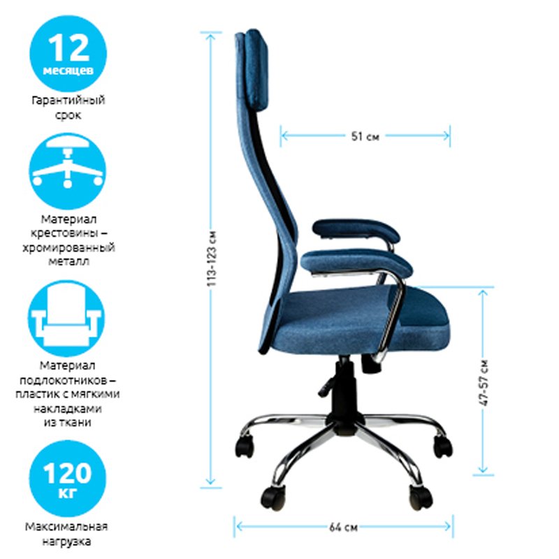 Кресло руководителя Helmi HL-E41 «Stylish», ткань/сетка, синяя/голубая