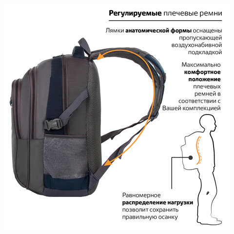 Рюкзак BRAUBERG «MainStream 2», 35 л, размер 45×32×19 см, ткань, серо-синий