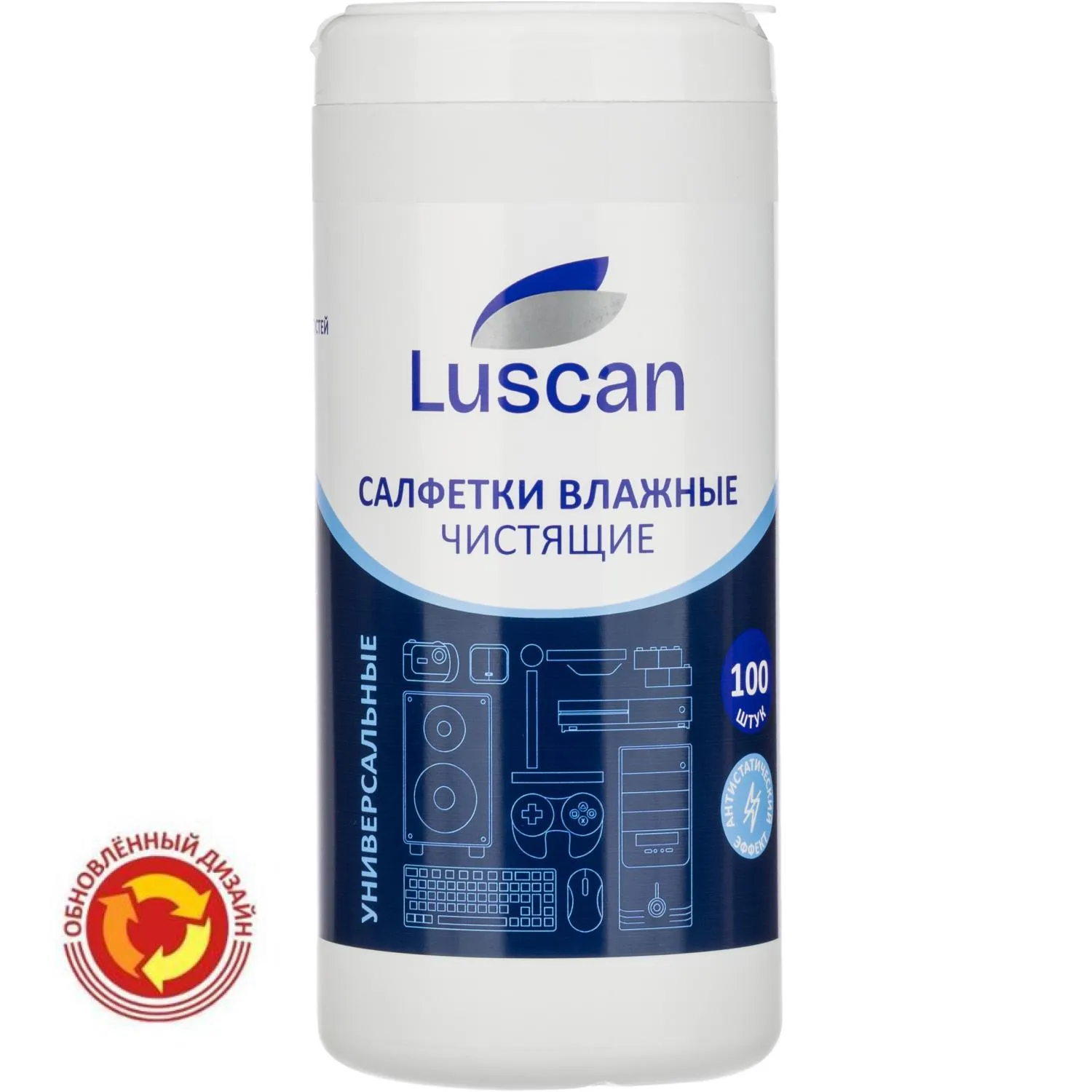 Салфетки влажные для офисной техники Luscan с антистатическим эффектом (100 штук в тубе)