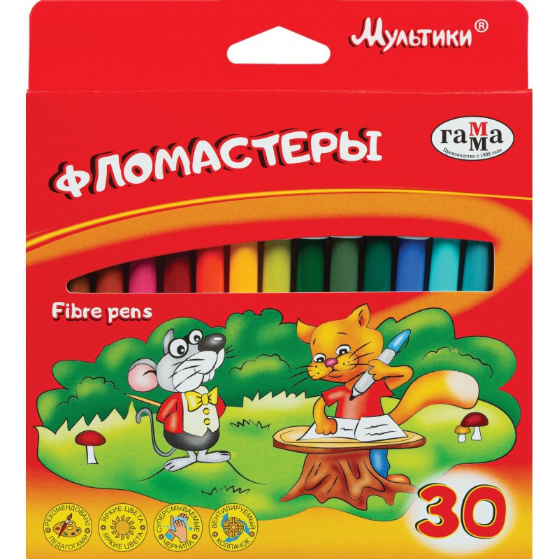 Фломастеры ГАММА «Мультики», 30 цветов, вентилируемый колпачок, картонная упаковка