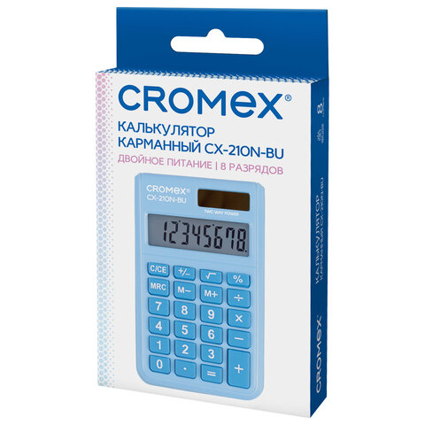 Калькулятор карманный CROMEX (КРОМЕКС) CX-210N-BU (96×62 мм), 8 разрядов, двойное питание, голубой, 273835
