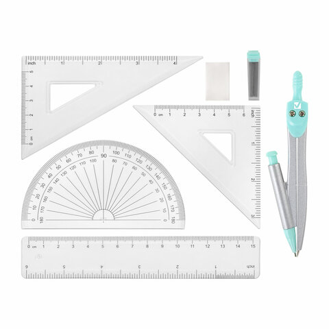 Готовальня BRAUBERG SCHOOL KIT, 9 предметов, циркуль 125 мм, чертежные принадлежности, мятный цвет
