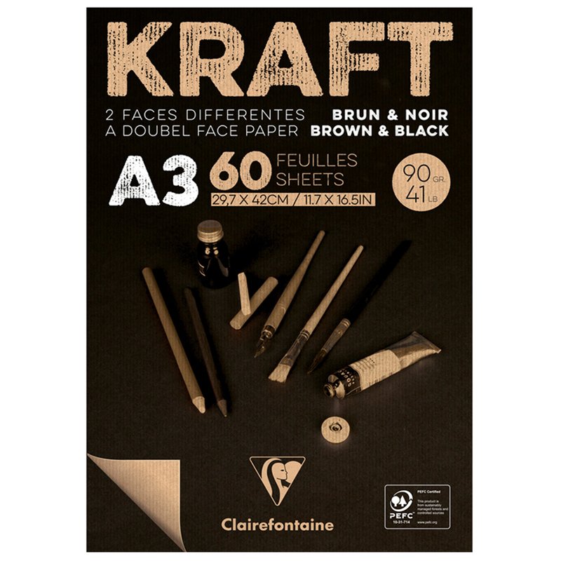 превью Блокнот для эскизов и зарисовок 60л. А3 на склейке Clairefontaine «Kraft», 90г/м2, верже, черный/крафт