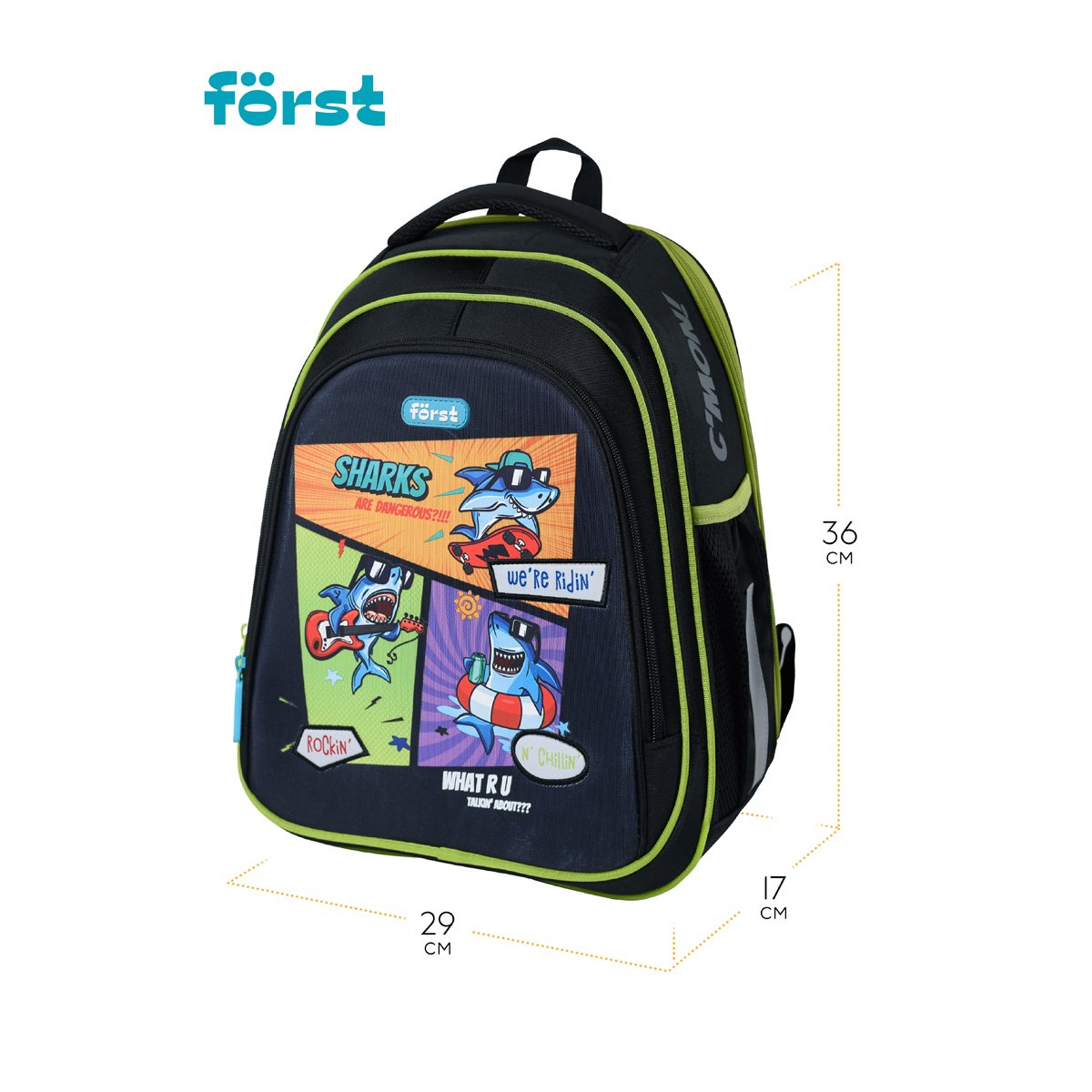 Ранец Först F-BASE «Shark party» 36×29×17 см, 3 отделения, 2 кармана, анатомическая спинка
