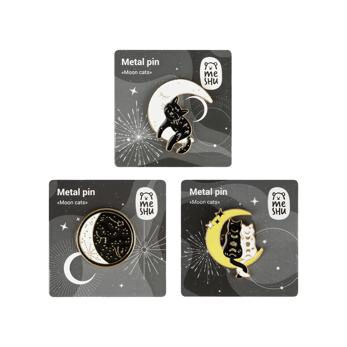 превью Набор металлических значков MESHU «Moon cats», эмаль, 3шт, картонная подложка, европодвес
