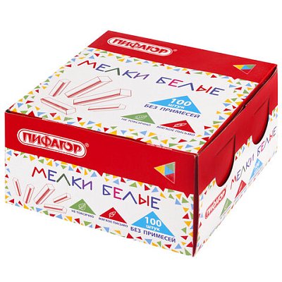 Мел белый БЕЗ ПРИМЕСЕЙ квадратный 100 штук, мягкое письмо, ПИФАГОР, картонная упаковка